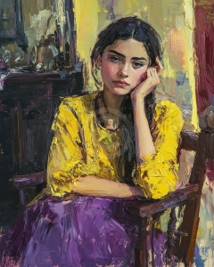 Fille en blouse jaune et jupe violette