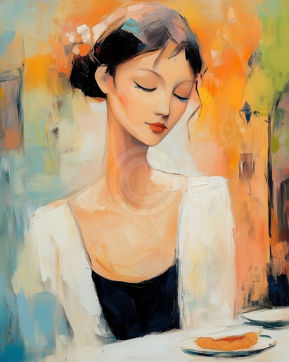 Frau mit geschlossenen Augen am Tisch