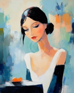 Mujer con ojos cerrados y naranjas
