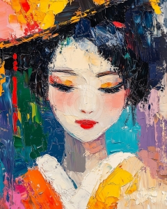 Femme aux l&egrave;vres rouges parmi des coups de pinceau color&eacute;s