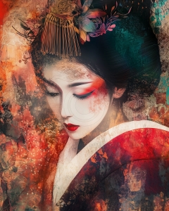Donna con copricapo ornamentale e kimono rosso