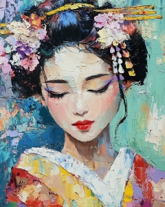Femme japonaise avec ornements floraux et kimono color&eacute;
