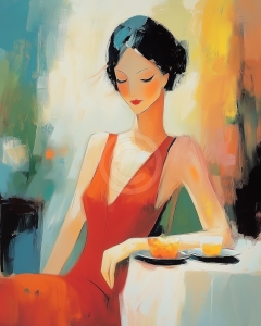 Femme en robe rouge avec des boissons sur la table
