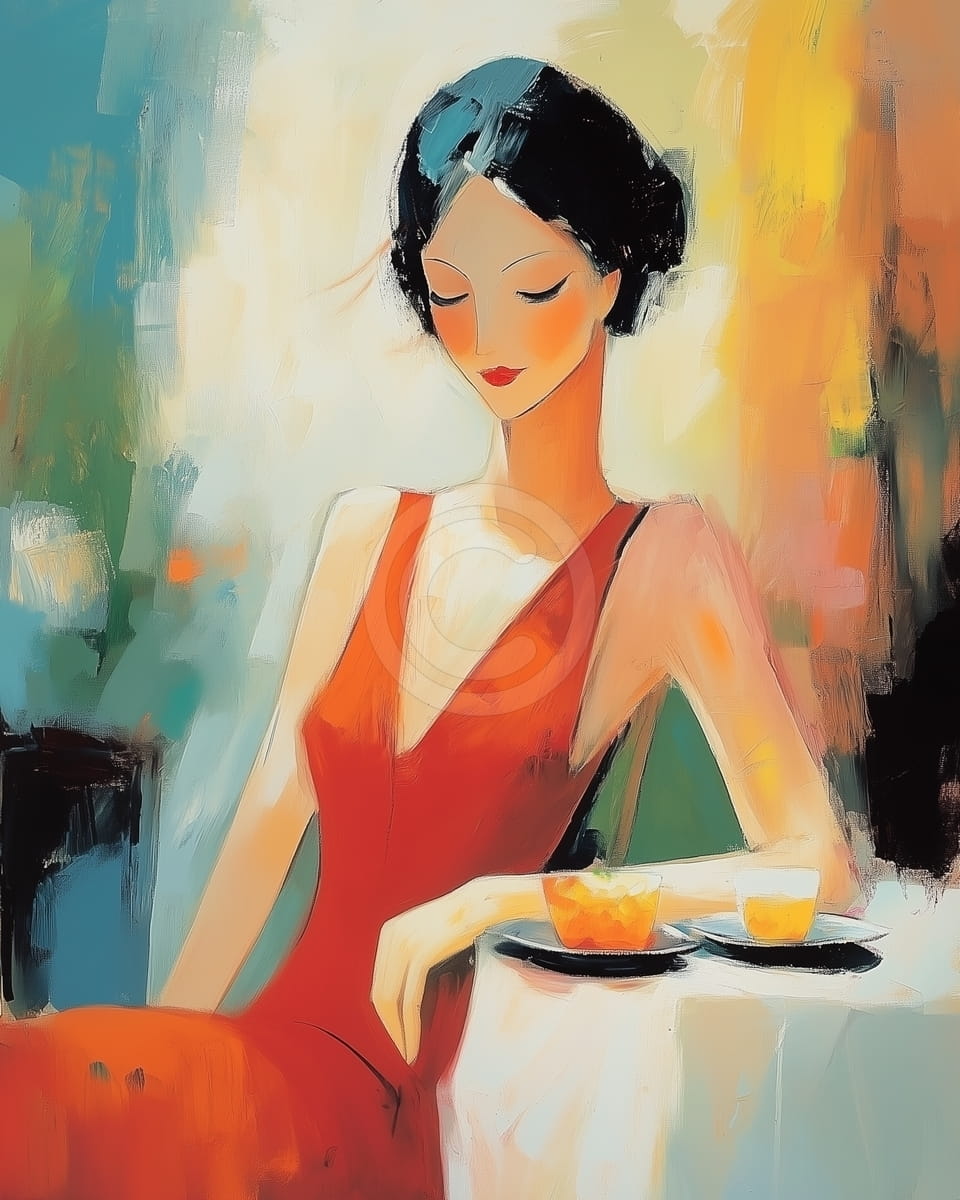 Femme en robe rouge avec des boissons sur la table