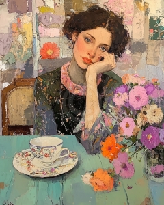 Frau mit Blumen und Teetasse