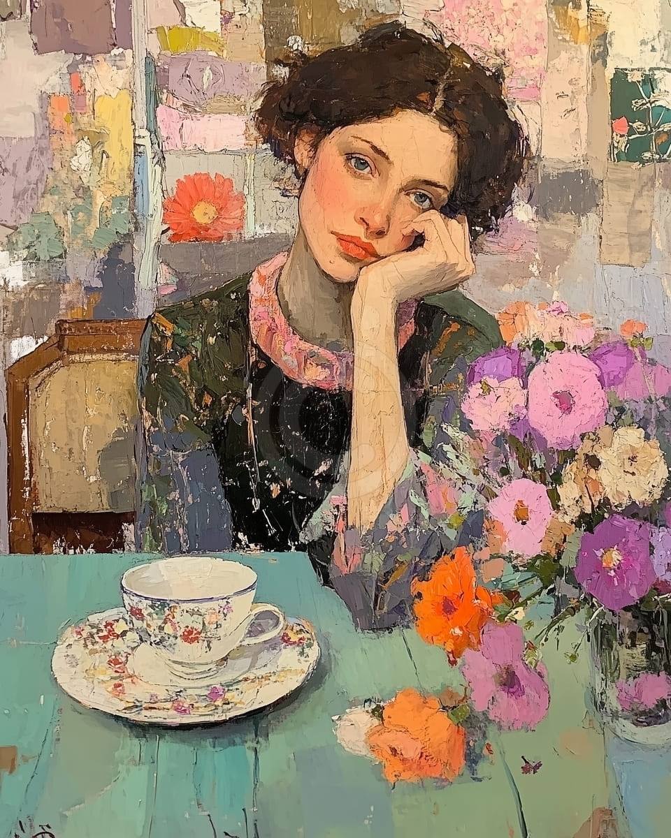Femme avec fleurs et tasse de thé