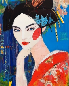 Frau im roten Kimono mit blauen Blumen