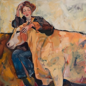 Femme Assise avec une Vache