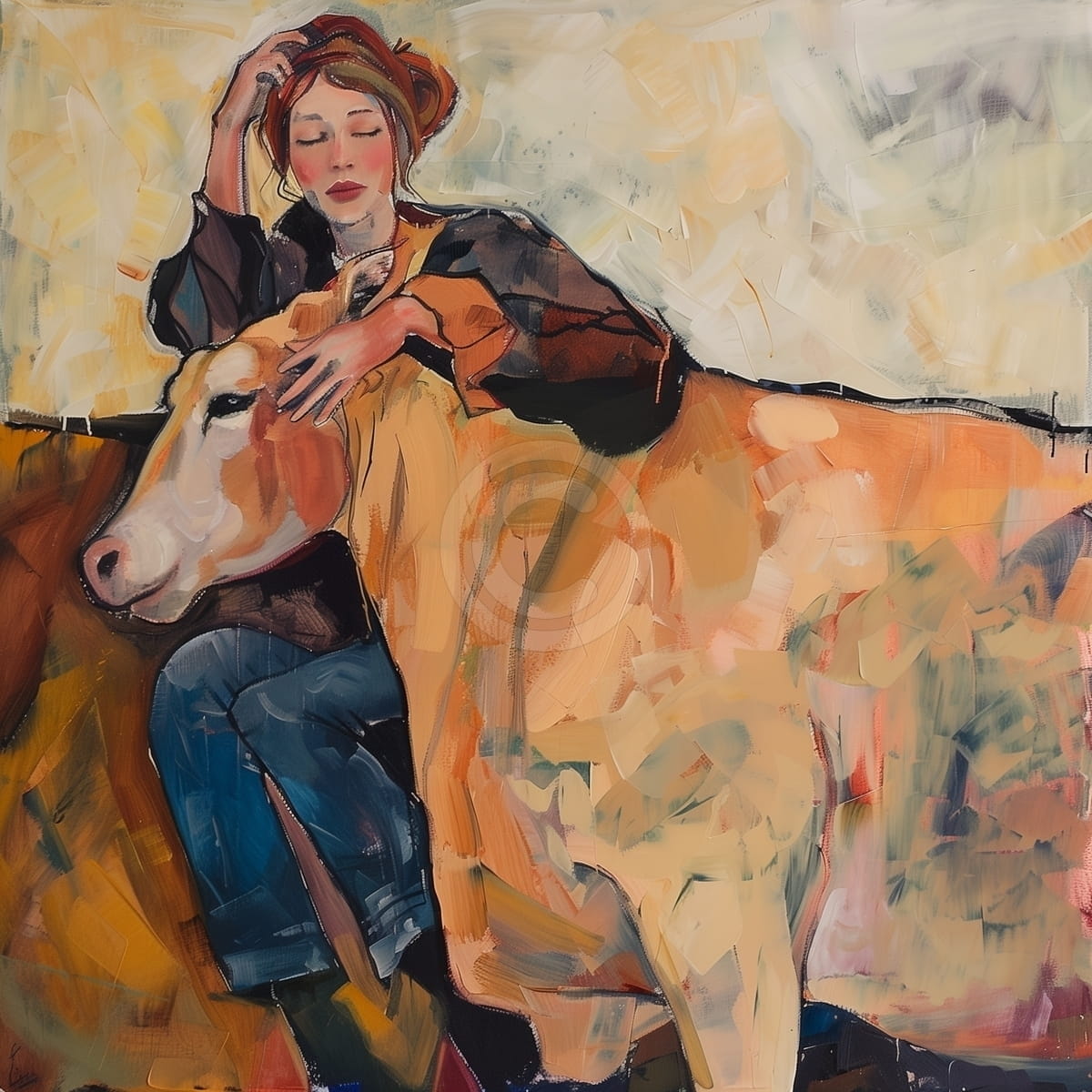 Femme Assise avec une Vache