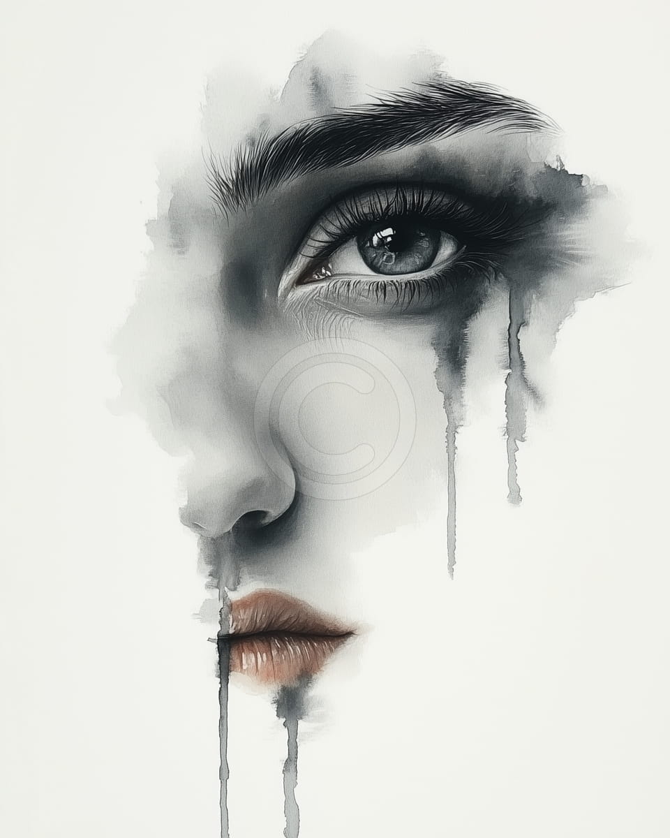 Halbes Gesicht mit Aquarelltränen