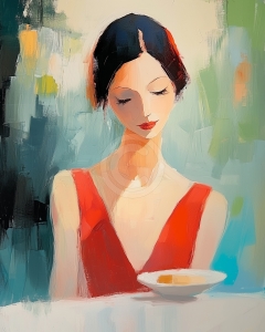 Femme en Robe Rouge &agrave; Table