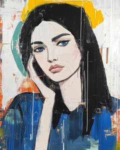 Woman with Blue Eyes and Hand on Cheek