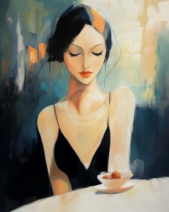 Femme en Robe Noire avec Dessert