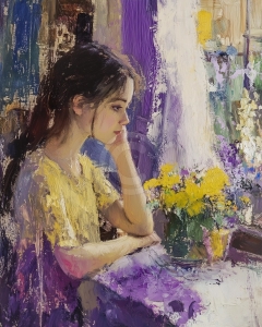 Jeune Fille en Robe Jaune &agrave; la Fen&ecirc;tre