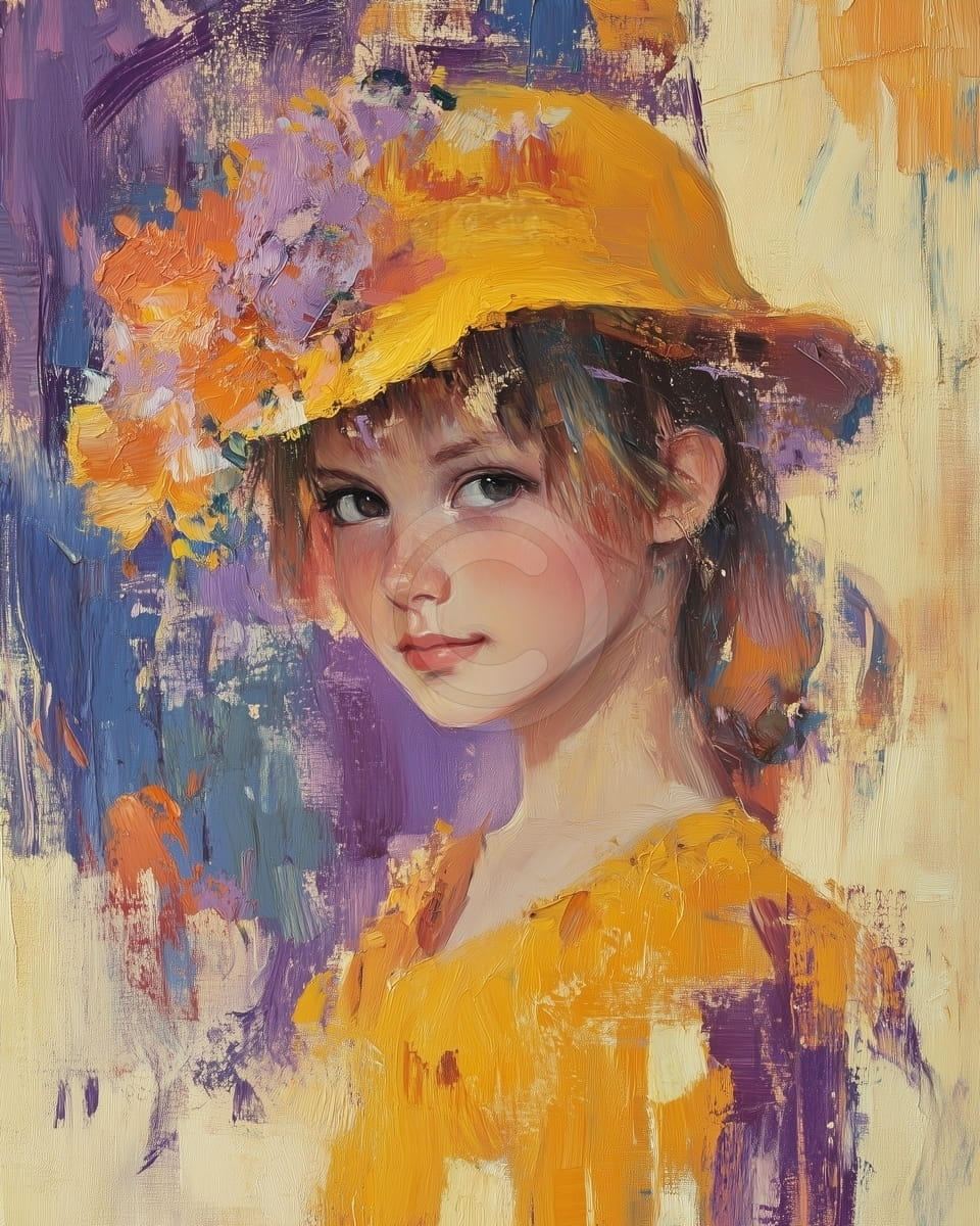 Fille au Chapeau Jaune avec Fleurs