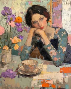 Woman with Chin on Hands Beside a Teacup