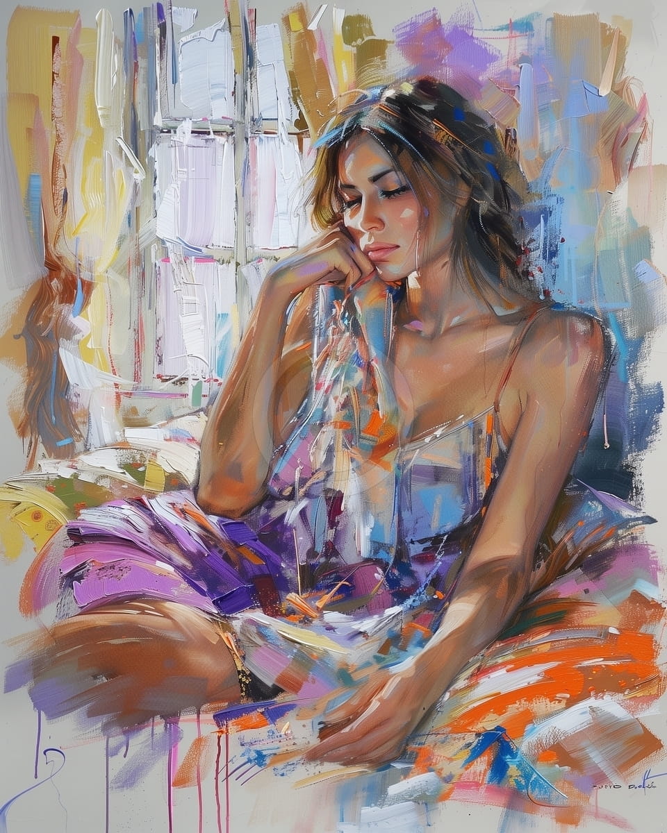 Mujer con Vestido Colorido Junto a la Ventana