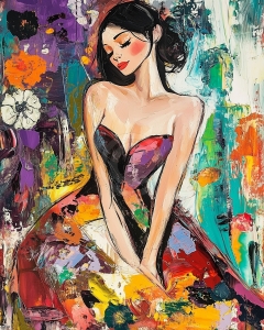 Donna in Abito Senza Spalline tra Fiori Astratti
