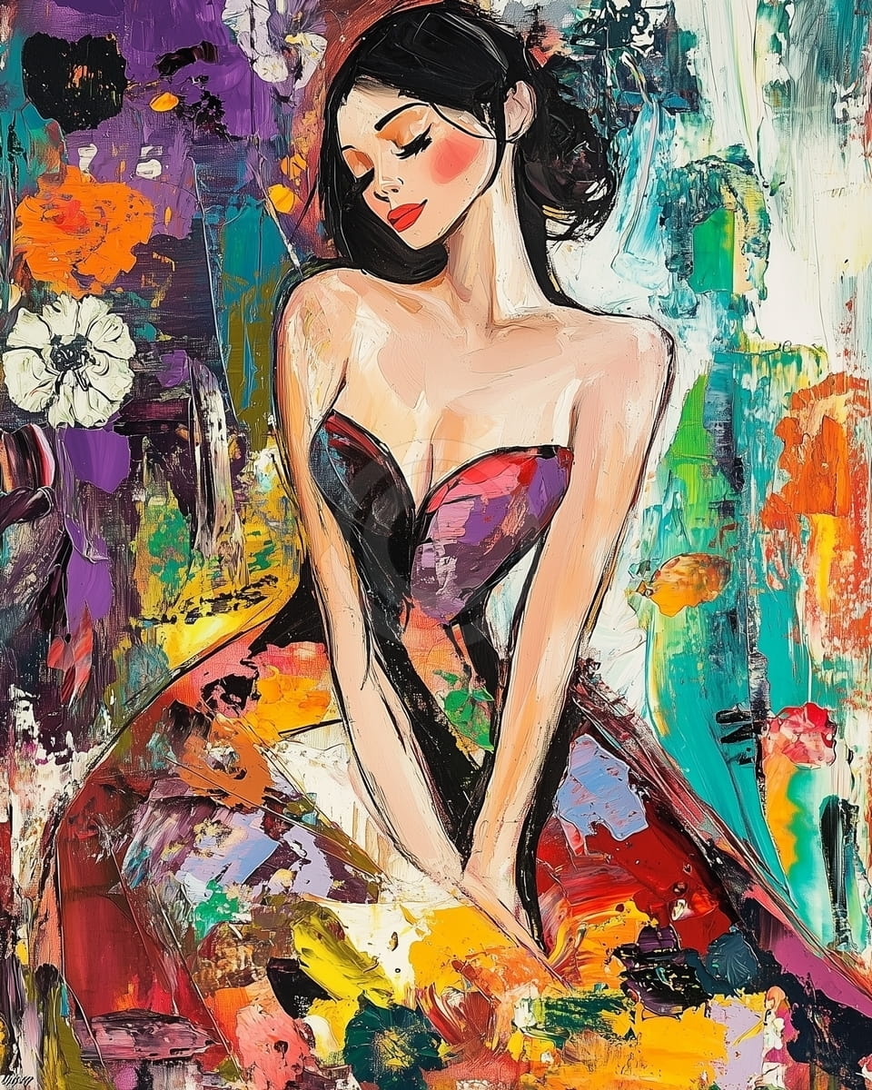 Femme en Robe Bustier Entourée de Fleurs Abstraites
