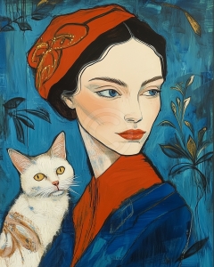 Femme avec Chat en Rouge et Bleu
