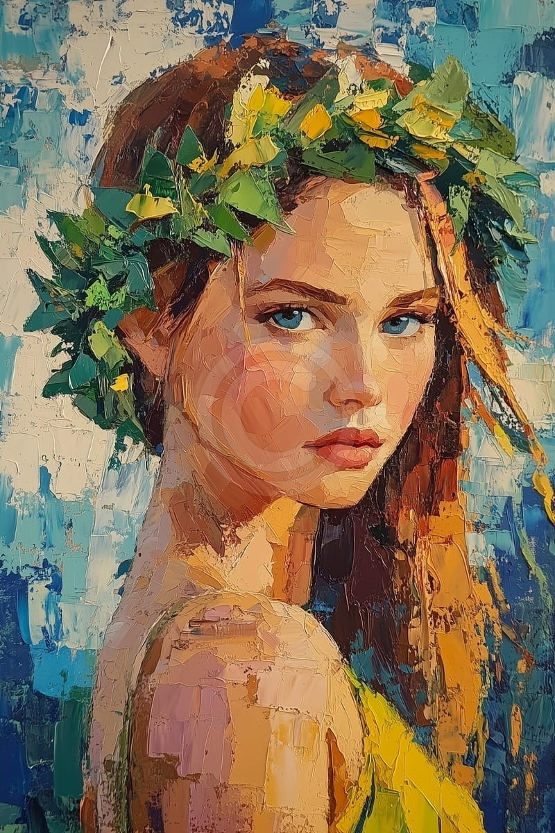 Femme avec une couronne de feuilles