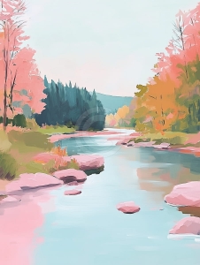 Fiume con alberi e rocce in colori delicati