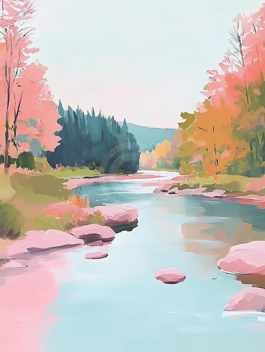 Fluss mit Bäumen und Felsen in sanften Farben