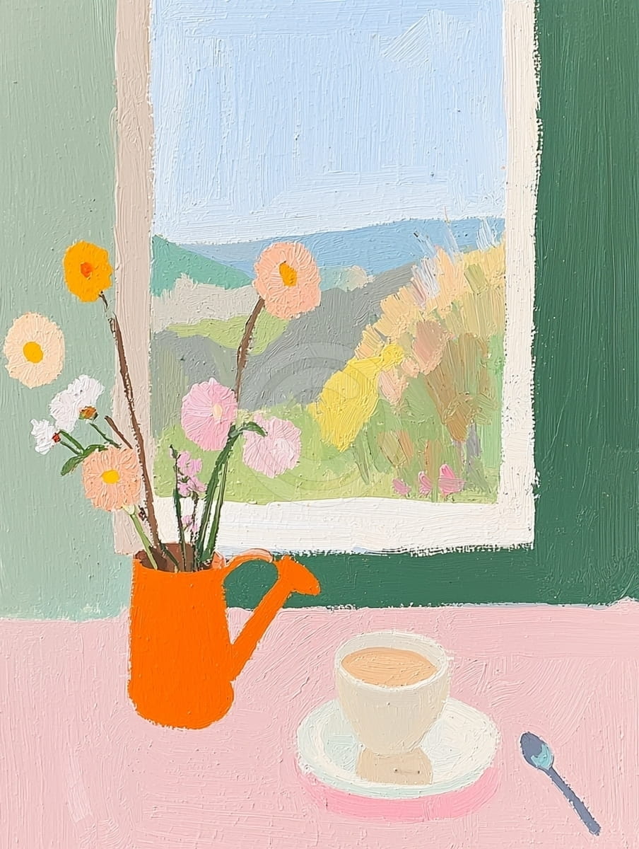 Fleurs et Café à la Fenêtre