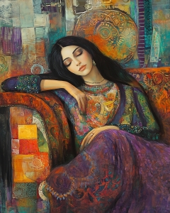 Femme Reposant en Robes Color&eacute;es