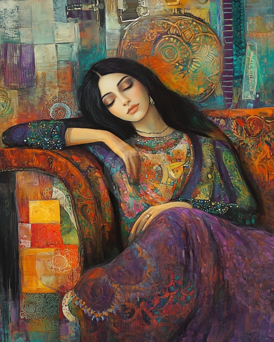 Mujer Reposando con Vestidos de Colores