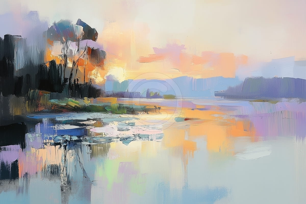 Lac et Arbres au Coucher du Soleil