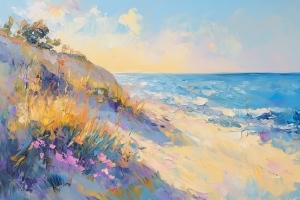 K&uuml;stenhang mit Blumen und Meer