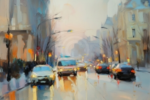 Stadtverkehr im Regen