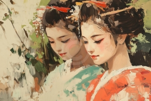 Due donne in kimono rosso e blu