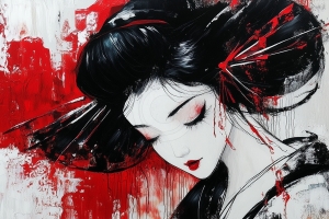 Geisha aux cheveux noirs et fond rouge