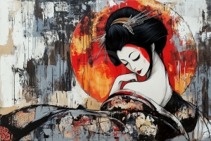Geisha mit rotem Kreis im Hintergrund