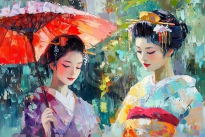Two Women with Red Umbrella