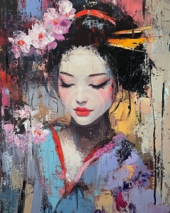Geisha mit rosa Blumen