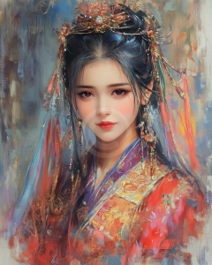 Mujer con hanfu rojo ornamentado
