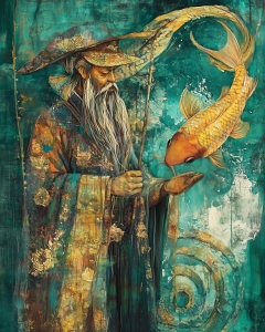 Alter Mann mit goldenem Fisch