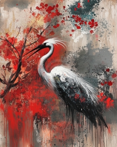 Crane Among Red Blossoms