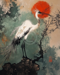 Grulla bajo el sol rojo