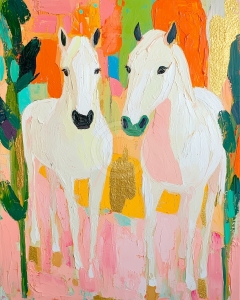 Due Cavalli Bianchi su Sfondo Astratto e Colorato