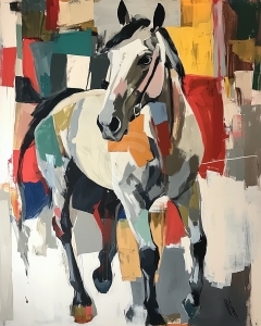 Caballo de Pie con Fondo de Bloques de Color Geom&eacute;tricos