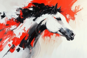 Galloping Horse Head in Red and Black Brushstrokes