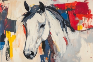 Cheval Blanc avec Fond Abstrait Rouge et Jaune