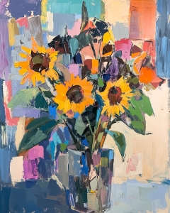 Sunflowers in a Vase with Colorful Geometric Background