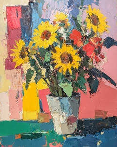 Sunflowers and Red Flowers in White Vase