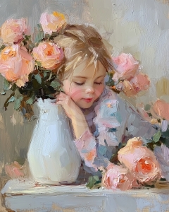 Fille avec Roses Roses et Vase Blanc