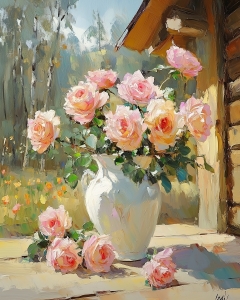 Rose Rosa in Vaso Bianco sulla Veranda